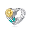 925 silver heart charm featuring a golden sunflower with green leaves and zircon inlay - Sunflower Heart