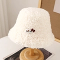 Cute white lamb wool earflap hat for kids with a red bow and plush thickened lining - M (56-58cm) / White