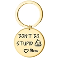 Gold stainless steel keychain with engraved Don't Do Stupid text and Mom heart charm - Gold STUPID-MOM
