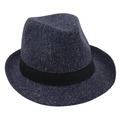 Dettaglio del cappello fedora blu navy con trama intrecciata e nastro decorativo nero - Taglia unica / Blu Navy Melange (N. 1)