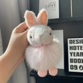 Cute pink and white plush bunny keychain with fluffy fur ball and long ears accessory - Fox Fur Pom Pom Long Ear Rabbit / Pink
