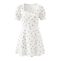 Detail view of red floral puff sleeves and square neckline on a white vintage dress - S / White Floral
