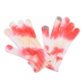 Detail of red tie-dye knit gloves featuring touch screen fingertips and cable texture - Tie-Dye Peach Red