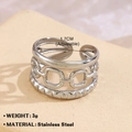 Three-layer silver stainless steel open ring with chain links and wavy textured bands - Triple Layer Open 699-3 / Steel