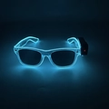 Detail of ice blue LED glasses with EL wire glow and external battery controller in dark - Wireless Style / Transparent Blue