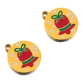 Yellow enamel Christmas bell pendant in stainless steel for DIY jewelry making - Gold Bell Round Plate
