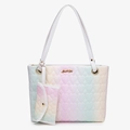 Rainbow gradient tote bag set with heart-quilted texture and matching coin purse - Pink