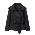 Close-up of black cropped jacket featuring waist belt, epaulets, and cuff straps detail - S / Black