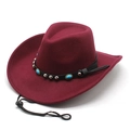 Detail of burgundy wool fedora with leather band and turquoise stone embellishments - M (56-58cm) / Burgundy