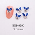 Macro view of blue butterfly nail charms with rhinestones and 9.5x9mm dimensions - Dark Blue Silver Base Style (MZH-9790)