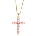 Elegant gold-tone cross necklace with pear-shaped pink crystals on a thin box chain - Pink