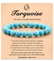 Detail of turquoise bead bracelet on card with stone of wealth and friendship text - Blue Turquoise Bracelet
