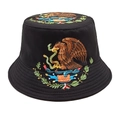 Detailed embroidery of Mexican national emblem on a black bucket sun hat surface - M (56-58cm) / 2#-Black Embroidered