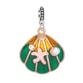 Detail of shell-shaped pendant with green enamel, pink starfish and pearl inlay - Enamel Shell
