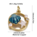 Detail of round gold pendant with blue shell, pink star, pearl, and product dimensions - Blue Marine Element Round