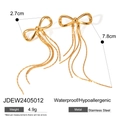 Golden stainless steel bow tassel earrings measuring 7.8cm in length on white background - Butterfly Tassel (JDEW2405012) / Gold