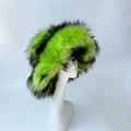Green and black striped faux fur winter hat in punk style for women on mannequin - Fluorescent Green