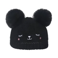 Winter knit hat for girls with double faux fur pom-poms and cute cartoon embroidery - 52-54cm / Black