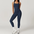 Dark blue high-waist yoga set with square neck sports bra and slimming leggings - S / Top And Bottom / Vest + Long Pants (8519) / Navy Blue