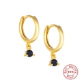 S925 sterling silver golden huggie earrings with round black zircon gemstone charms - Gold - Black Zirconia