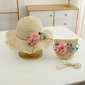 Detail of hand-woven straw hat and flower bag set for girls, perfect for summer sun protection - Beige Hat + Bag