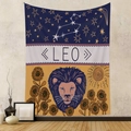 Detail of Leo zodiac tapestry featuring golden lion motifs and sunflowers on fabric - Leo