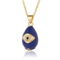 Detailed close-up of blue teardrop Evil Eye pendant with cubic zirconia on gold chain - Dark Blue