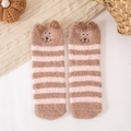 Brown and pink striped coral fleece Christmas socks with cute 3D bear embroidery - Pink Brown Striped Rabbit