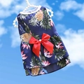 Navy blue striped dog dress with tropical pineapple pattern and red bow decoration - Navy Pineapple