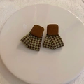 Retro green houndstooth fabric earrings with square resin studs for autumn style - Green Houndstooth Fabric Ribbon Drop Earrings