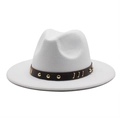 Detail of white wool fedora hat featuring a brown leather belt with gold metal studs - M (56-58cm) / White