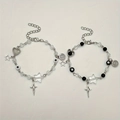 Set de bracelets à perles argentées avec breloques cœur et étoile en blanc et noir - Bracelet à pendentif spirale en perles, lot de 2 (7715+7748)