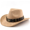 Khaki faux suede cowboy hat with eagle emblem and metal bullet stud leather band - M(56-58cm) / Camel