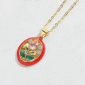Golden French vintage necklace with red enamel oval pendant and pink pear-shaped zircon - Red Pink