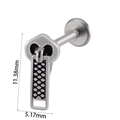 Silver zipper shape stainless steel piercing stud showing 11.38mm length dimensions - Zipper Pull (#19) / 1.2*8mm / Silver