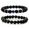 8mm black lava stone beaded bracelet set with blue evil eye charm and silver spacers - Lava Stone Set