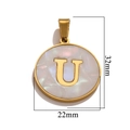 Polished gold stainless steel shell pendant with letter U, size 32mm by 22mm - Gold U