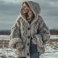 Beige chunky knit hooded cloak cardigan for men and women in loose oversized fit - 3XL / Beige Chunky Knit (RW-XKLMKS-1909)