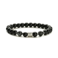 Tiger eye and black bead elastic bracelet with silver textured metal cylinder bead - Larvikite