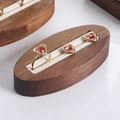 Walnut wood jewelry display stand with beige fabric slots for rings and earrings - Walnut White 01