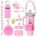 Set de accesorios de margarita rosa con funda de silicona y tapa para vaso Stanley - Juego de 8 Piezas 11-Rosa Oro Sakura
