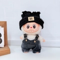 Labubu doll accessory featuring a black knit beanie and dark blue denim overalls set - Cool Black Hat + Cool Overalls / First And Second Generation Keychains Are Compatible With La Cloth Dolls. Dolls Not Included.