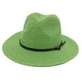 Dettaglio cappello Panama verde brillante con trama intrecciata e cinturino in pelle - Taglia Unica (Paglia Piatta) / Verde (Fascia in Pelle Nera)