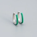Silver oval huggie hoop earrings with vibrant green enamel finish and polished metal - 925 Silver / Platinum (Green Stone)