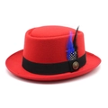 Detail of red wool felt pork pie hat featuring vintage badge and blue spotted feathers - M(56-58cm) / Red