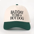 Retro baseball cap in cream and green with BAD DAY TO BE A HOT DOG embroidery - Cream/Dark Green