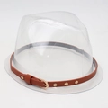 Detail of transparent hat stand base with a brown studded leather band and gold buckle - One Size / Three Studs
