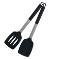 Set of black silicone slotted and solid spatulas with stainless steel handles for non-stick pans - Solid and Slotted Spatulas (Adhesive Bag) / Black