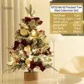 60cm flocked mini Christmas tree with red decorations and warm LED lights on wood base - 60cm Flocked Tree (Red Kit)