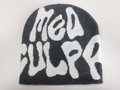 Dark grey knitted beanie with white Mea Culpa jacquard lettering in Y2K style - Dark Grey White